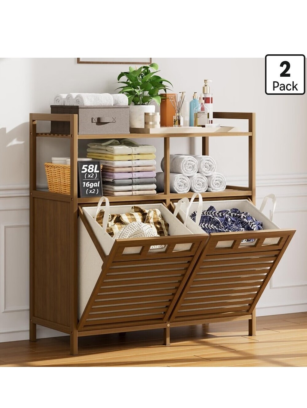 32 Gal Bamboo Tilt-Out Laundry Hamper Cabinet with 2 Bags, Walnut